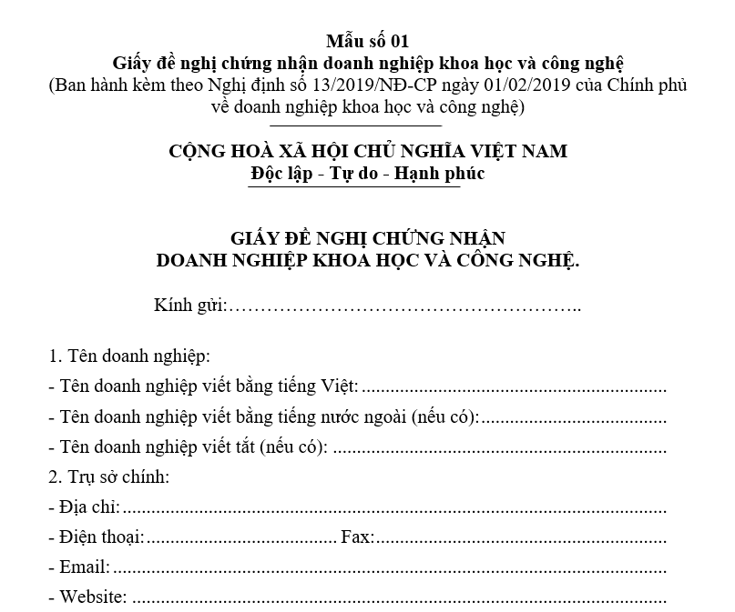 Mẫu Giấy đề nghị chứng nhận doanh nghiệp khoa học và công nghệ Mẫu giấy đề nghị chứng nhận doanh nghiệp khoa học và công nghệ