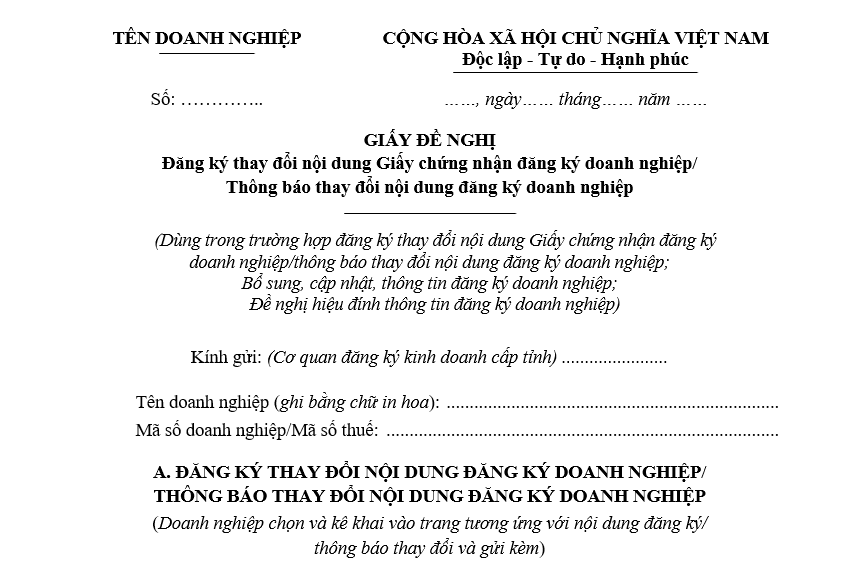 Mẫu Giấy đề nghị đăng ký thay đổi nội dung Giấy chứng nhận đăng ký doanh nghiệp/Thông báo thay đổi nội dung đăng ký doanh nghiệp Mẫu Giấy đề nghị đăng ký thay đổi nội dung Giấy chứng nhận đăng ký doanh nghiệp/Thông báo thay đổi nội dung đăng ký doanh nghiệp