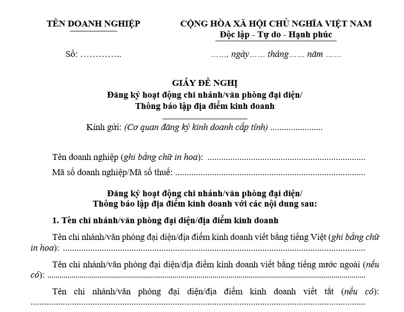 Mẫu Giấy đề nghị đăng ký hoạt động chi nhánh/ văn phòng đại diện/ Thông báo lập địa điểm kinh doanh Mẫu Giấy đề nghị đăng ký hoạt động chi nhánh/ văn phòng đại diện/ Thông báo lập địa điểm kinh doanh